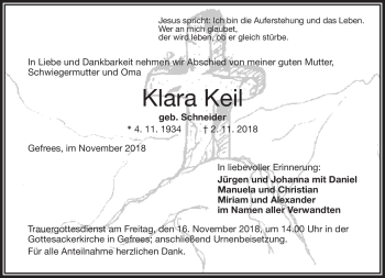 Traueranzeige von Klara Keil von Frankenpost