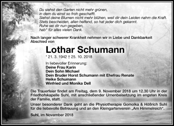 Traueranzeige von Lothas Schumann von Südthüringer Presse