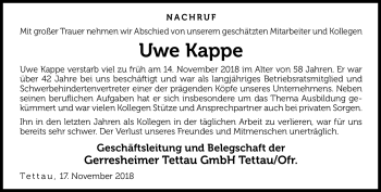 Traueranzeige von Uwe Kappe von Neue Presse Coburg