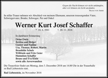 Traueranzeige von Werner Schaffer von Südthüringer Presse