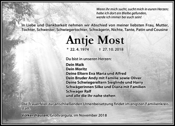 Traueranzeige von Antje Most von Südthüringer Presse