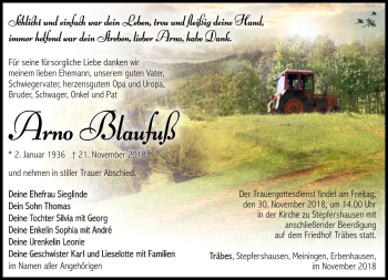 Traueranzeige von Arno Blaufuß von Südthüringer Presse