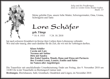 Traueranzeige von Lore Schäfer von Südthüringer Presse