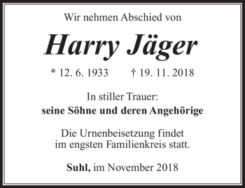 Traueranzeige von Harry Jäger von Südthüringer Presse