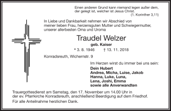 Traueranzeige von Traudel Welzer von Frankenpost