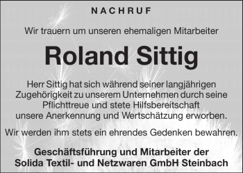 Traueranzeige von Roland Sittig von Südthüringer Presse