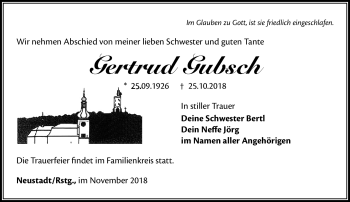 Traueranzeige von Gertrud Gubsch von Südthüringer Presse