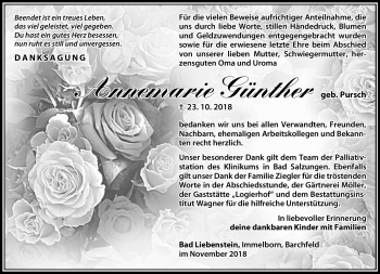 Traueranzeige von Annemarie Günther von Südthüringer Presse