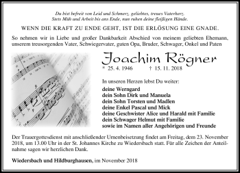 Traueranzeige von Joachim Rögner von Südthüringer Presse