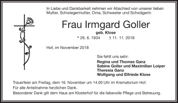 Traueranzeige von Irmgard Goller von Frankenpost