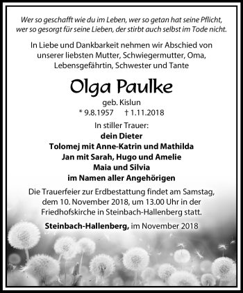 Traueranzeige von Olga Paulke von Südthüringer Presse