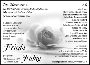 Traueranzeige von Frieda Fabig von Südthüringer Presse