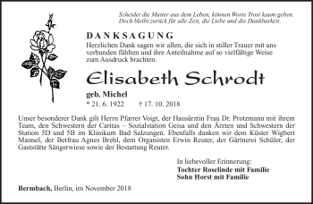 Traueranzeige von Elisabeth Schrodt von Südthüringer Presse