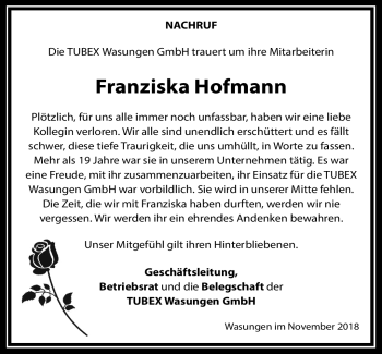 Traueranzeige von Franziska Hofmann von Südthüringer Presse