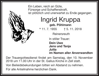 Traueranzeige von Ingrid Kruppa von Frankenpost