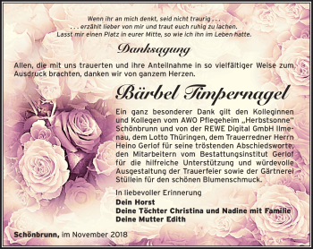 Traueranzeige von Bärbel Timpernagel von Südthüringer Presse