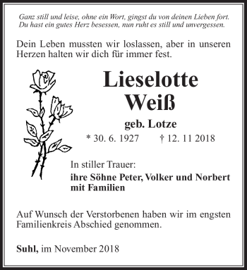 Traueranzeige von Lieselotte Weiß von Südthüringer Presse