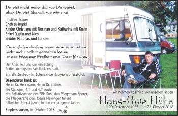 Traueranzeige von Hans-Uwe Höhn von Südthüringer Presse