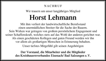 Traueranzeige von Horst Lehmann von Südthüringer Presse