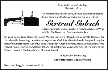 Traueranzeige von Gertrud Gubsch von Südthüringer Presse
