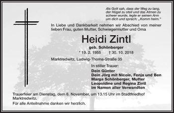Traueranzeige von Heidi Zintl von Frankenpost