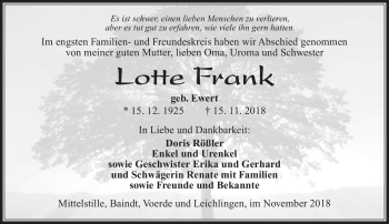 Traueranzeige von Lotte Frank von Südthüringer Presse