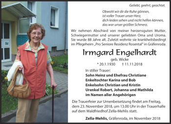 Traueranzeige von Irmgard Engelhardt von Südthüringer Presse