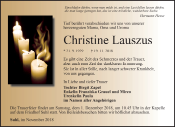 Traueranzeige von Christine Lauszus von Südthüringer Presse