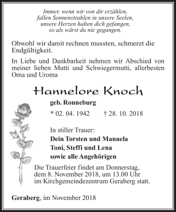 Traueranzeige von Hannelore Knoch von Südthüringer Presse