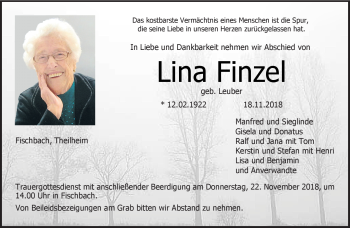Traueranzeige von Lina Finzel von Neue Presse Coburg