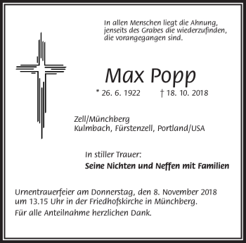 Traueranzeige von Max Popp von Frankenpost