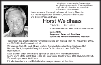 Traueranzeige von Horst Weidhaas von Frankenpost