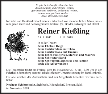 Traueranzeige von Reiner Kießling von Südthüringer Presse