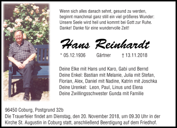 Traueranzeige von Hans Reinhardt von Neue Presse Coburg