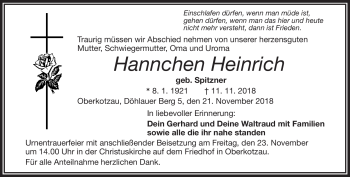 Traueranzeige von Hannchen Heinrich von Frankenpost