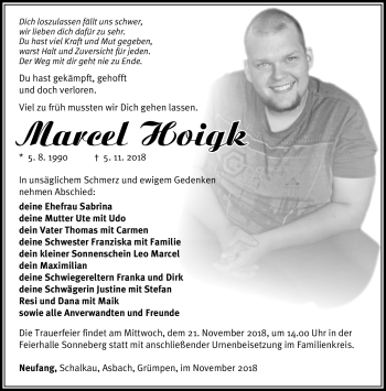 Traueranzeige von Marcel Hoigk von Südthüringer Presse