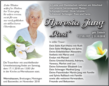 Traueranzeige von Theresia Jung von Südthüringer Presse
