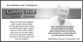 Traueranzeige von Günther Seidel von Südthüringer Presse