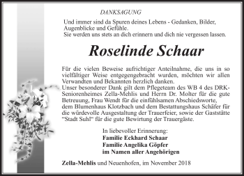 Traueranzeige von Roselinde Schaar von Südthüringer Presse