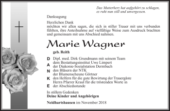 Traueranzeige von Marie Wagner von Südthüringer Presse