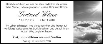 Traueranzeige von Gertrud Wünn von Frankenpost