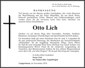 Traueranzeige von Otto Lich von Südthüringer Presse