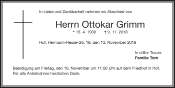 Traueranzeige von Ottokar Grimm von Frankenpost