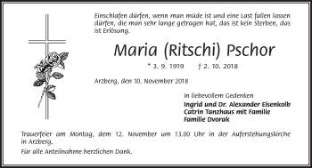Traueranzeige von Maria (Ritschi) Pschor von Frankenpost