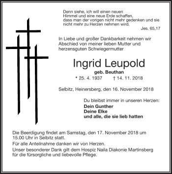 Traueranzeige von Ingrid Leupold von Frankenpost
