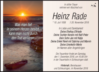 Traueranzeige von Heinz Rade von Südthüringer Presse