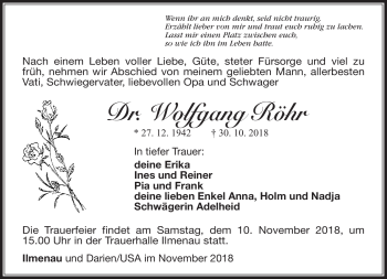 Traueranzeige von Wolfgang Röhr von Südthüringer Presse