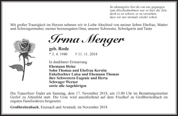 Traueranzeige von Irma Menger von Südthüringer Presse