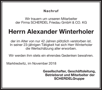 Traueranzeige von Alexander Winterholer von Frankenpost