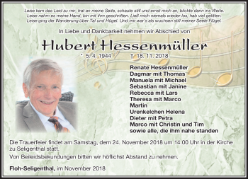 Traueranzeige von Hubert Hessenmüller von Südthüringer Presse